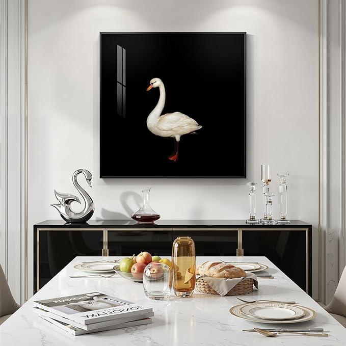 Framed Black and White Modern Wall Art, 1 Piece Square Bird Wall Art Prints Paintings Artwork for Walls, Contemporary Minimalist Swan Pictures for Dining Bedroom Bathroom Lounge Hallway Decor 24x24 In