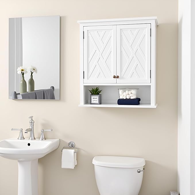 Alaterre Furniture Coventry 27W x 29H Wall Moted Bath Storage Cabinet with Two Doors and Open Shelf