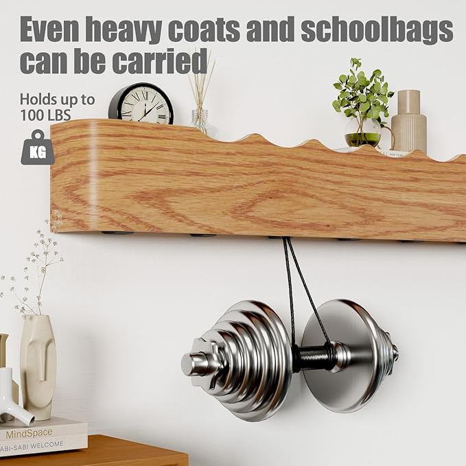 Coat Rack Wall Mount with Shelf 8 Hidden Hooks Modern Wooden Key Holder Entryway Organizer for Hallway Bedroom Bathroom Home Decor Storage for Hanging Coats Hats Bags Towels, Wave-Shape Oak