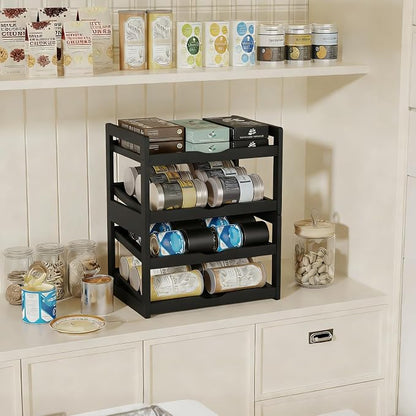 BAMBANG Can Organizer for Pantry, Detachable Bamboo 4 Tier Stackable Can Food Storage Rack, Rolling Soda Can Dispenser Can Holders for Cabinet, Holds Up to 48 Cans, Black