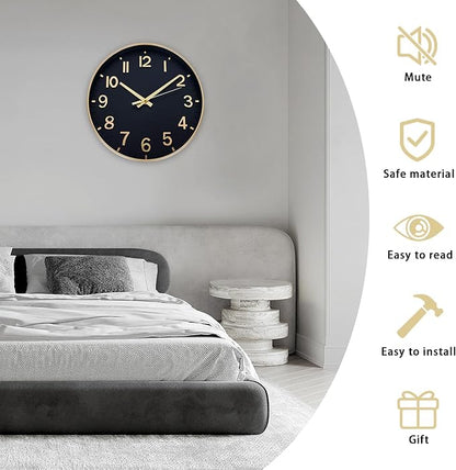 HZDHCLH Wall Clocks Battery Operated,Wall Clock Black Gold,12 inch Wall Clock Silent Non Ticking Modern 3D Numbers for Kitchen Bedroom Living Room Office Classroom Decor