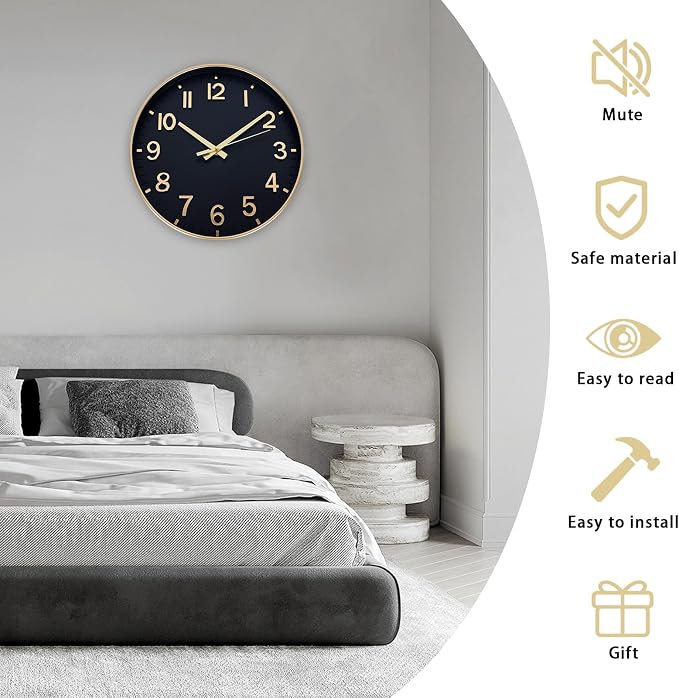 HZDHCLH Wall Clocks Battery Operated,Wall Clock Black Gold,14 inch Wall Clock Silent Non Ticking Modern 3D Numbers for Kitchen Bedroom Living Room Office Classroom Decor