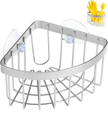 304 Stainless Steel Corner Sink Caddy，Movable Suction Cup Sponge Holder with Strong Suction Cups, Sink Organizer with Soap Dish for Kitchen and Bathroom