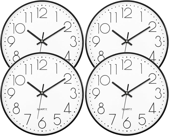 Lumuasky 4 Pack Wall Clock,12 Inch Silent Battery Operated Non Ticking Quartz Round Analog Classic Clock Modern Design for Home Office Classroom School Living Room Bedroom