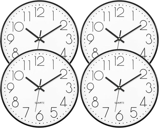 Lumuasky 4 Pack Wall Clock,12 Inch Silent Battery Operated Non Ticking Quartz Round Analog Classic Clock Modern Design for Home Office Classroom School Living Room Bedroom