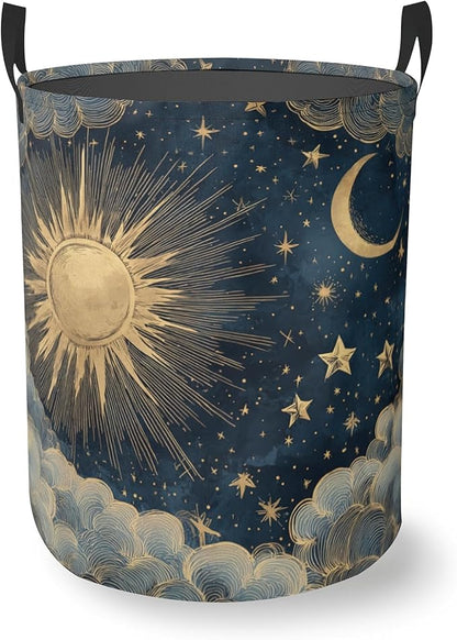 Boho Sun Moon Round Laundry Basket Collapsible Laundry Hamper with Handles Toys Clothes Organizer Bin For Home Bathroom Bedroom Dorm Nursery
