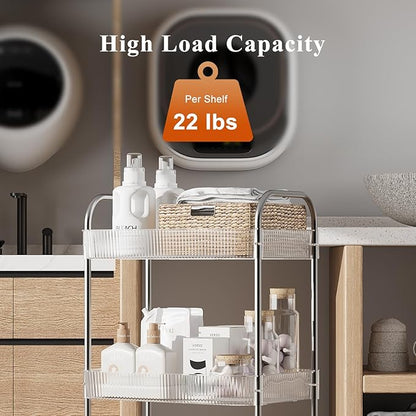 STARLATTA 3 Tier Rolling Cart with Lockable Wheels, Clear Acrylic Utility Trolley with Handle, Heavy-Duty Storage Organizer for Kitchen Bathroom Nursery Laundry - Snack Book Craft Organizer (Clear)