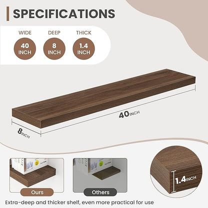 Acovy 40 Inch Floating Shelves, 8 Inch Deep Floating Shelves for Wall, Hanging Shelf with Invisible Brackets, Deep Shelves for Bathroom, Bedroom, Living Room, Walnut, Set of 2
