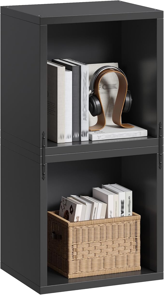 2 Cube Bookshelf Organizer, DIY Wooden Open Book Shelf with Anti-Tip Design, Cube Storage Shelf Organizer for Bedroom, Office, Dorm, Black