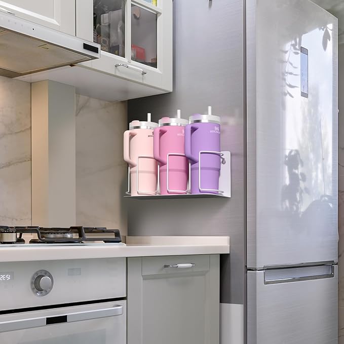 Sorbus Stanley Cup Organizer – 3-Cup Holder for Cabinet, Fridge, or Wall – Magnetic or Screw Mount – Stanley Storage Organizer for 20oz 30oz 40oz Cups, Tumblers, and Water Bottles (White 1-Pack)