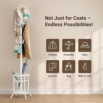 ELYKEN Coat Rack Freestanding, Metal Coat Rack Stand with Umbrella Holder, Modern Coat Tree with 12 Hooks, Floor Standing Corner Hall Tree for Entryway Living Room Bedroom Office, White