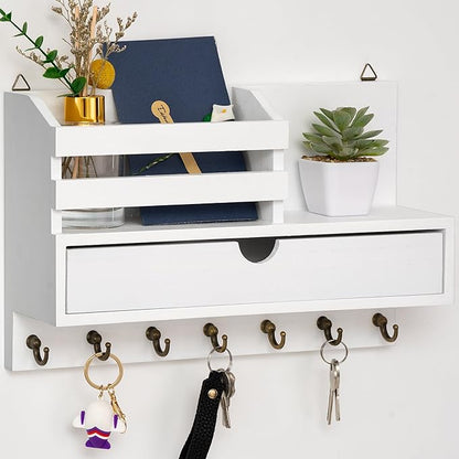 Key and Mail Holder for Wall, Mail Organizer Wall Mount with 6 Hooks and Storage Drawer, Wooden Key Rack Hanger with Shelf for Entryway and Home Decor