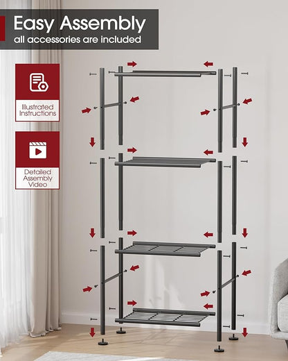 Sakugi Storage Shelves - 4 Tier Shelf Organizer, Sturdy Metal Garage Shelving with Adjustable Leveling Feet, Space-Saving Shelves Organizer for Pantry, Laundry, Kitchen (18" x 12" x 44", Black)