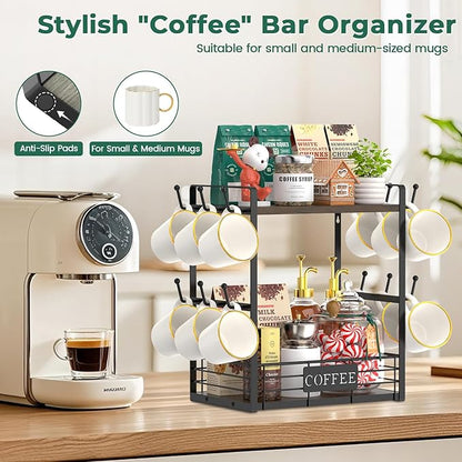 EsLuker.ly Coffee Mug Cup Holder Tree Bar Station Organizer, 2 Tier Mug Stand Rack for Countertop Kitchen, Storage Tower Display Shelf with 12 Hooks, Coffee Nook Enhancer, Brown-Black