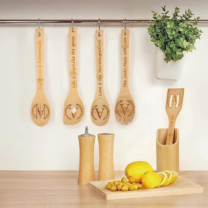5PCS Initial Wooden Cooking Spoons Initial Letter Kitchen Decor Gifts Personalized Monogrammed Birthday Gifts for Women Mom Friend Housewarming Wedding Bamboo Cooking Spoons