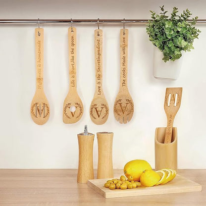 5PCS Initial Wooden Cooking Spoons Initial Letter Kitchen Decor Gifts Personalized Monogrammed Birthday Gifts for Women Mom Friend Housewarming Wedding Bamboo Cooking Spoons