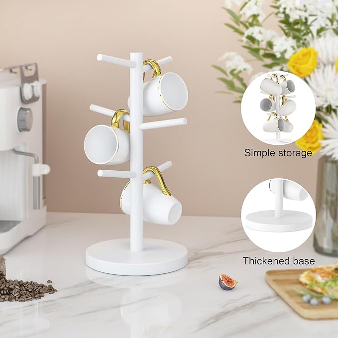 Wisuce White Coffee Mug Tree, Updated Thick Bamboo Mug Holder Base,Coffee Cup Stand Mug Holders with 6 Hooks for Countertop Organizer Stand