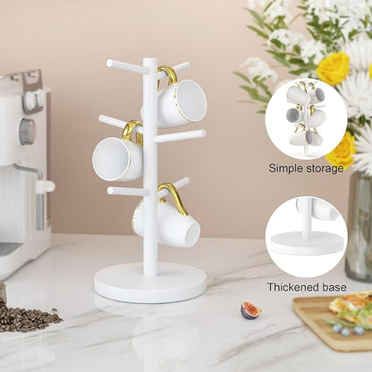 Wisuce White Coffee Mug Tree, Updated Thick Bamboo Mug Holder Base,Coffee Cup Stand Mug Holders with 6 Hooks for Countertop Organizer Stand