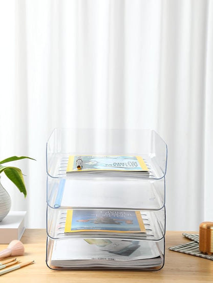 (4pcs Pack) HKeeper Stackable Paper Trays,Letter Tray Organizer,Office Desktop Organizer,A4 Paper Holder,Supplies Magazine,File Documents,Receipts(Clear,Regular)