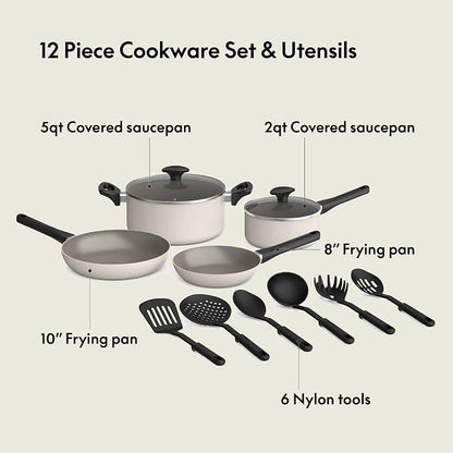 bella 12 Piece Cookware Set with EverGood™ Ceramic Nonstick Coating, Dishwasher & Oven Safe, All Stovetops Compatible, Tempered Glass Lids and Cool Touch Handles, Oatmilk