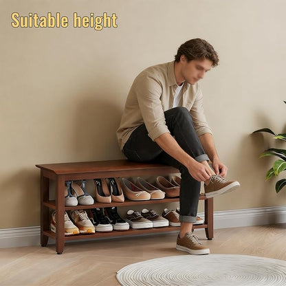 Wood Shoe Bench for Entryway,Bench with Shoe Rack,Storage Shoe Organizer for Hallway,Living Room,Bedroom (Brown, 39.37''W×11.81‘’D×17.71‘’H)