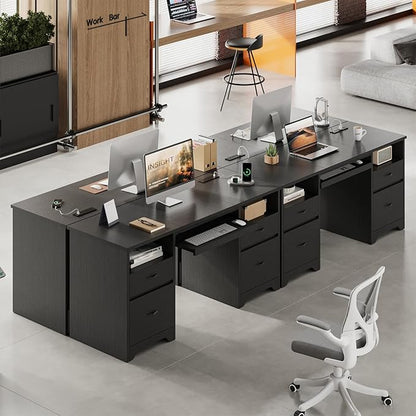 Bestier 59” Computer Desk with 4 Drawers, Office Desk with Storage, Modern Executive Desk with Charging Station, Keyboard Tray & Wooden Pedestals on Both Sides for Home Office & Studio, Black