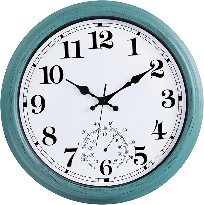 16 Inch Large Outdoor Clock, Retro Waterproof Indoor/Outdoor Clock Non-Ticking Clock with Thermometer, Battery Operated Wall Clock for Patio, Garden, Pool - Green