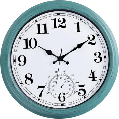 16 Inch Large Outdoor Clock, Retro Waterproof Indoor/Outdoor Clock Non-Ticking Clock with Thermometer, Battery Operated Wall Clock for Patio, Garden, Pool - Green