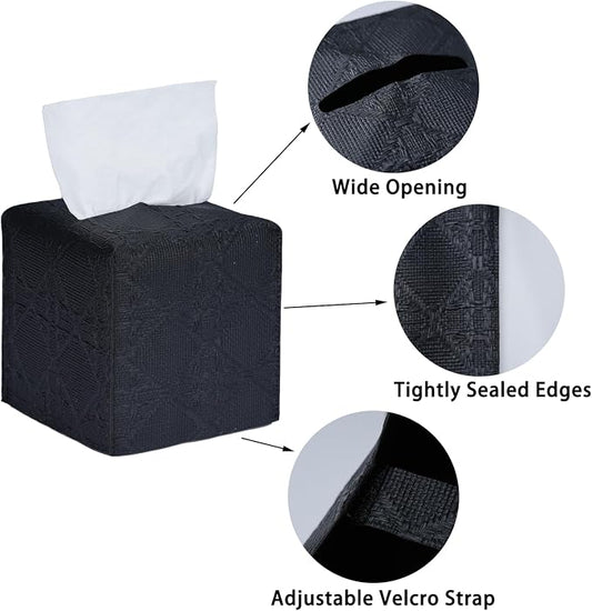 Tissue Box Cover 2-Pack, Square Tissue Holder with Bottom Belt, Modern Tissue Case Facial Paper Organizer Dispenser for Bathroom, Office, Home, Table, Car, Black, Linen Pattern