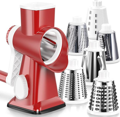 KEOUKE Rotary Cheese Grater Pro 6 in 1 - Shredder Crinkle Slicer Grinder Ice Shaver, Stable Suction, Time-saving Easy Use & Clean, Safe Morden Kitchen Tool for Cheese, Vegetable, Nuts, Chocolate