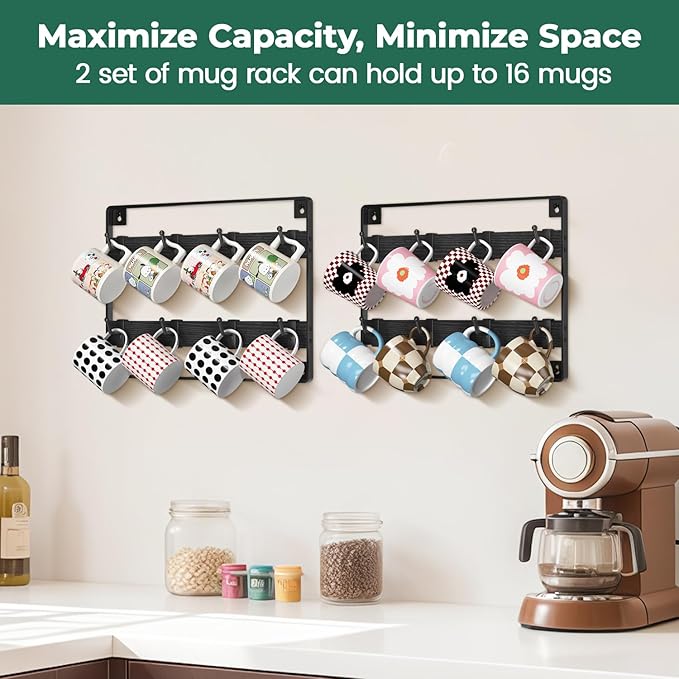 EsLuker.ly Mug Holder Hanger Rack Wall Mounted Wooden 2 Pack Coffee Cup Storage Organizer Display Shelf with 16 Movable Plastic Hooks, Ideal for Mug Collectors, Black
