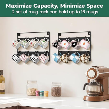 EsLuker.ly Mug Holder Hanger Rack Wall Mounted Wooden 2 Pack Coffee Cup Storage Organizer Display Shelf with 16 Movable Plastic Hooks, Ideal for Mug Collectors, Black