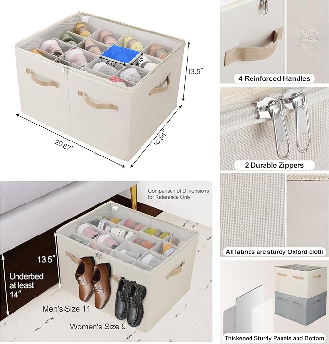 TOPIA HOME Shoe Organizer for Closet, Foldable Shoe Box with Adjustable Dividers and Clear Cover, Space Saving Shoe Storage Organizer Cabinet with Reinforced Handles, Fits 16 Pairs, Beige TP09Y