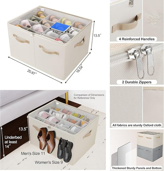 TOPIA HOME Shoe Organizer for Closet 2 Pack, Foldable Shoe Box with Adjustable Dividers and Clear Cover, Space Saving Shoe Storage Organizer Cabinet with Reinforced Handles, Fits 32 Pairs Beige TP12Y