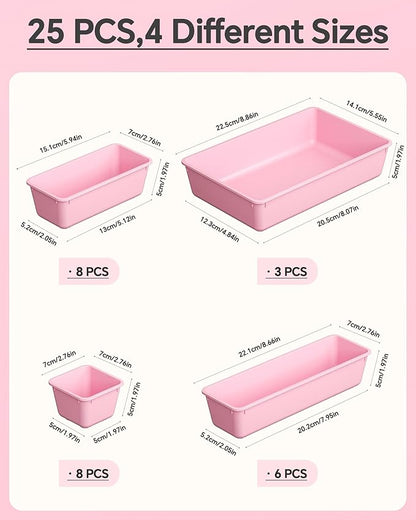 KEMETHY 25 PCS Plastic Drawer Organizers Set, 4 Sizes Vanity Organizer, Makeup and Desk Drawer Organizer Trays, Organization and Storage for Makeup, Bathroom, Kitchen Utensils and Office (Pink)