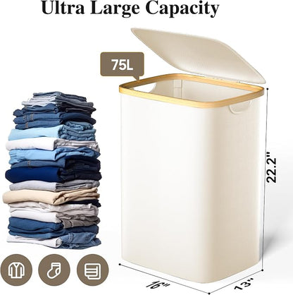 Foluck Large Laundry Hamper, 75L Waterproof Laundry Basket with Lid and Removable Bag, Collapsible Tall Clothes Hamper with Bamboo Handles for Clothes Toys in Dorm Bedroom Bathroom, Beige, ZYL201-W