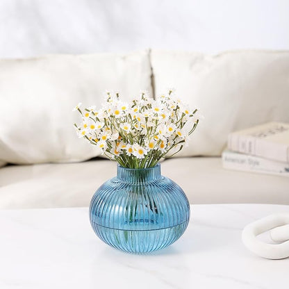 Blue Glass Vase for Tulips, Ribbed Glass Vase for Flowers, Round Flower Vases, Small Short Vases for Living Room, Office, Coffee Table, Shelf, Wedding, 6 Inches