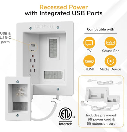 Mount-It! in-Wall TV Cable Management Kit – Dual Power Outlet with Dual USB Ports, Male Wall Plug and 5ft External & 9ft Behind The Wall Cords, Hand Saw – Safe Cable Management for TV