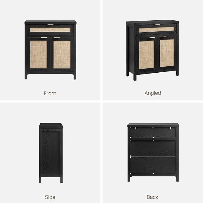 SICOTAS Sideboard Buffet Storage Cabinet, Rattan Accent Cabinet with Doors and Drawer, Modern Credenzas Buffet Table Console Coffee Bar Cabinets for Entryway Living Room, Black