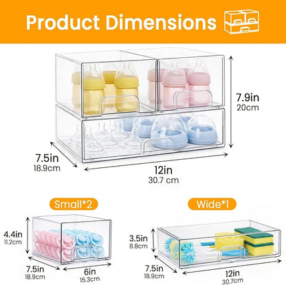 Bottle Storage Organizer Baby, Clear Stackable Storage Drawers Set for Baby Bottle, Beauty Supplies Storage, Ideal for Countertop, Vanity, Bathroom, Cabinet, Pantry Organization (7.8"H, 3 Pack)