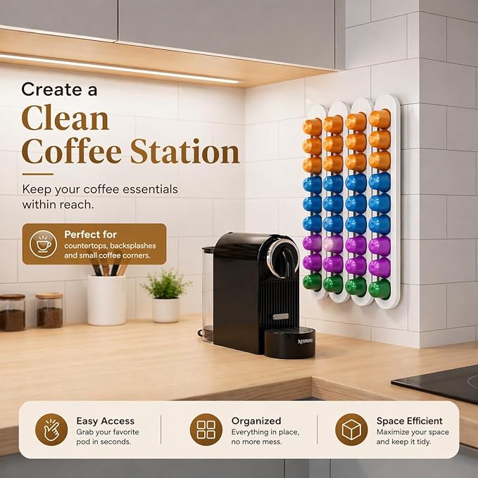 Bamboo Coffee Pod Holder, Adhesive Wall Mount (No Drilling) for Cabinet Door, 36-Capsule Storage (Set of 4) — Vertical/Horizontal — Compatible with Nespresso Original Line-White
