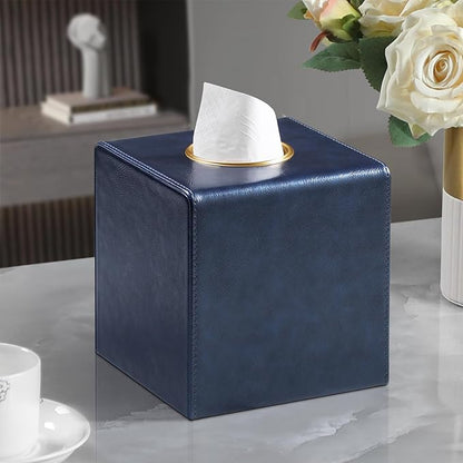 MEIBOOCH Square Tissue Box Cover, Luxury PU Leather Tissue Holder with Magnetic Closure (Navy Blue)