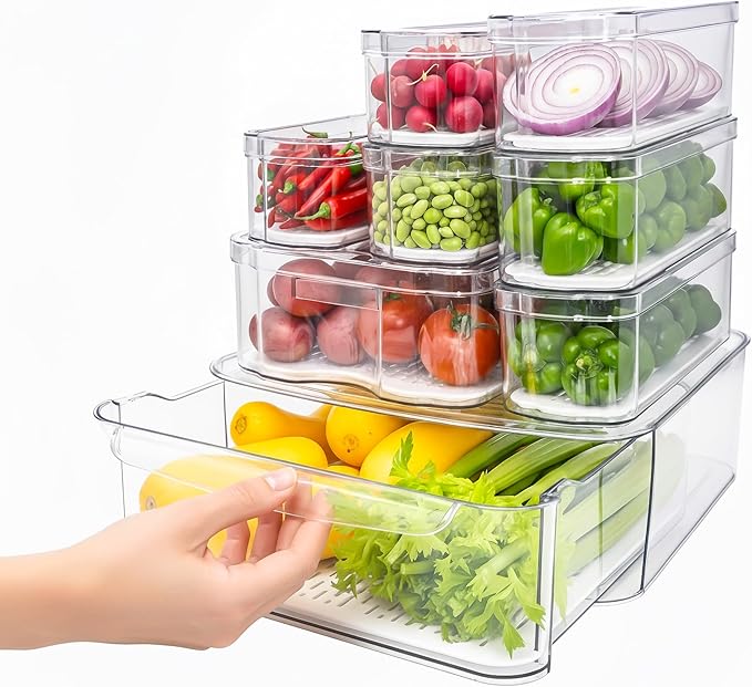 8 Pack Refrigerator Organizers, Clear Pull-out Drawer Container and Organizer Bins with Lids, Stackable Storage Containers for Fruits, Vegetable (Set of 8 (Include Pull Out Drawer))