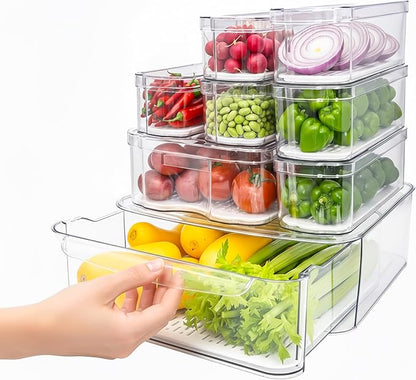 8 Pack Refrigerator Organizers, Clear Pull-out Drawer Container and Organizer Bins with Lids, Stackable Storage Containers for Fruits, Vegetable (Set of 8 (Include Pull Out Drawer))