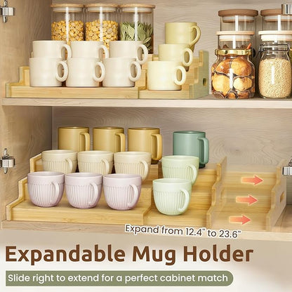 3-Tier Expandable Bamboo Mug Holder for Countertop Coffee Cup Holder Display Mug Organizer Mug Rack for Coffee Bar Organizer Mug Shelf for Cabinet for Kitchen, Home, No Assembly