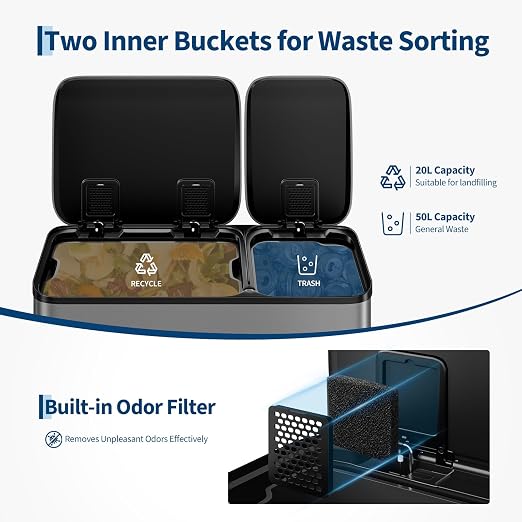 Dual Kitchen Trash Can 13.2 + 5.2 Gal (50+20L) Stainless Steel Trash Cans with Soft Close Lid Large Double Garbage and Recycling Bin with 2 Removable Inner Buckets Step-on Metal Garbage Cans Gray