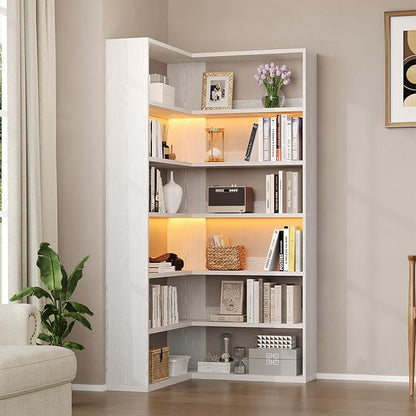 4 EVER WINNER Corner Book Shelf with LED Lights, 71” Corner Bookshelf for Living Room, Study Room, Wooden Storage Display Industrial l Shaped Bookshelf, White