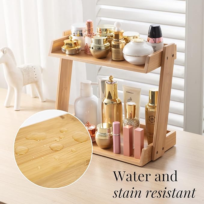 GOBAM Bamboo Makeup & Countertop Organizer, Small - 2 Layer Cosmetics, Lipsticks, Jewelry, Brushes, Hair Accessories & Perfume Organizer for Dresser, Easy Assembly - Natural