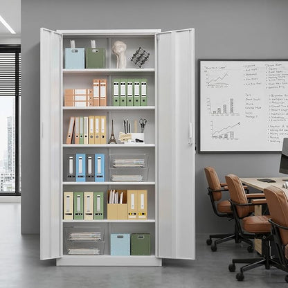 VINGLI Metal Garage Storage Cabinet with 2 Doors and 5 Adjustable Shelves, 71" Tall Steel Lockable File Cabinet, Locking Tool Cabinets for Home Office Garage Gym School (White)