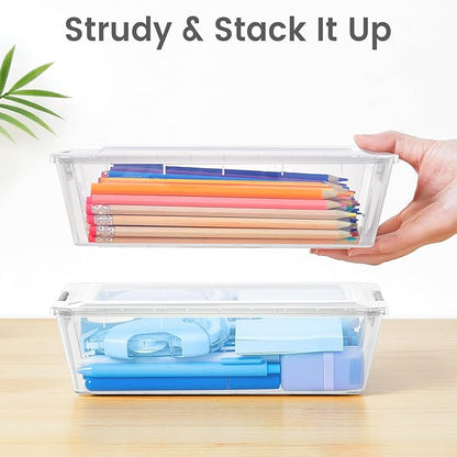 Sooez 6 Pack Pencil Boxes, New Extra Large Pencil Case, Stackable Crayon Pen Box, Clear Marker Organizer Craft Storage, Plastic Containers with Lids, Art Storage Box for School Supplies, Orange